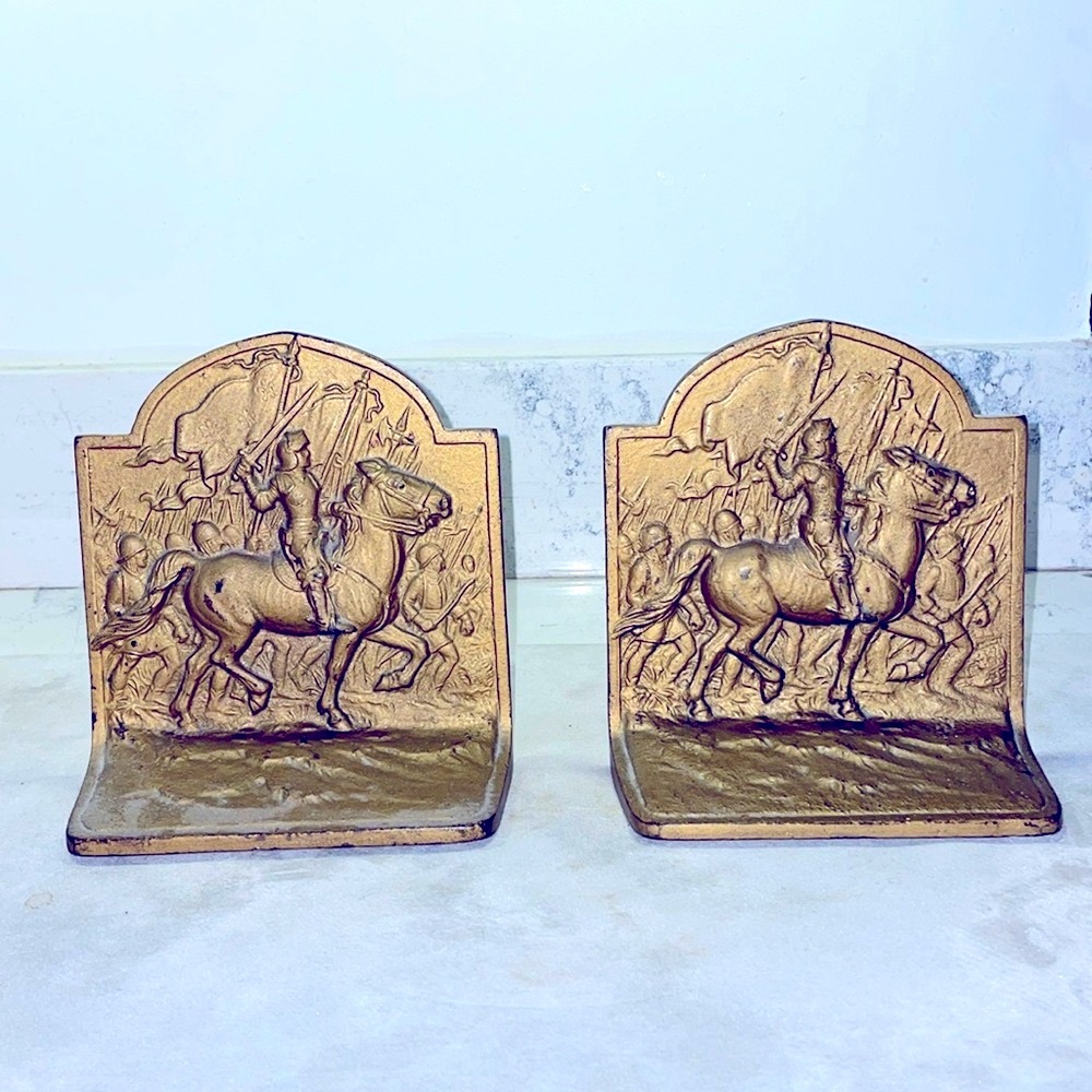 Antique Hubley Bookends Heavy Cast Iron Joan of Arc Crusade Design #212 Pristine